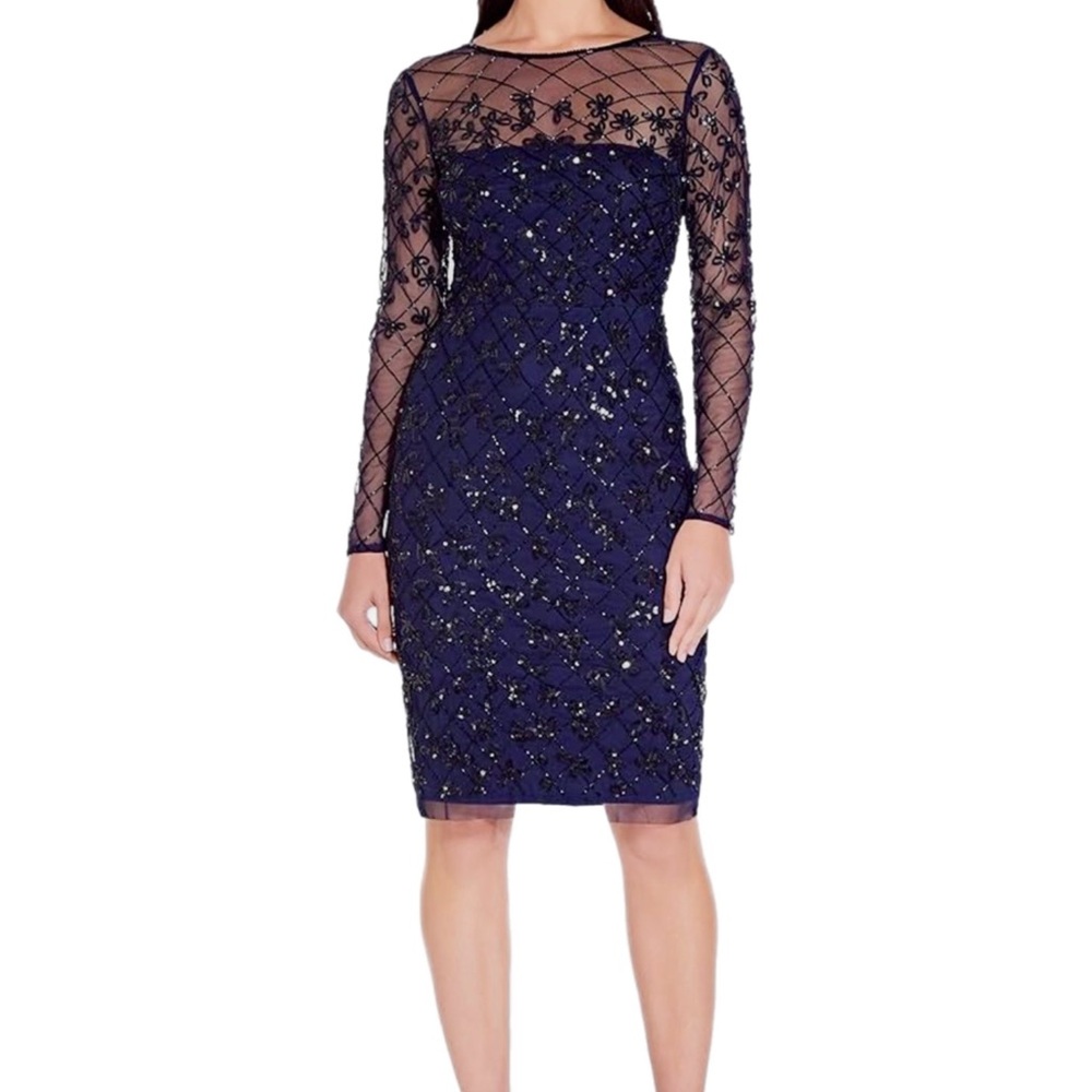 NEW ADRIANNA PAPELL BEADED LONG SLEEVE SHEATH DRESS